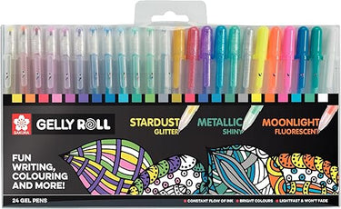 SAKURA Gelly Roll Set de 24 rotuladores de gel con purpurina, metalizados y fluorescentes para escribir y dibujar, colores y efectos surtidos